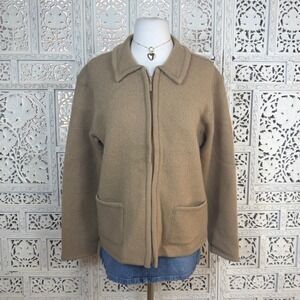 Jones & Co 100% Wool‎ Tan Collared Full Zip Grannycore Long Sleeve Cardigan Sz L